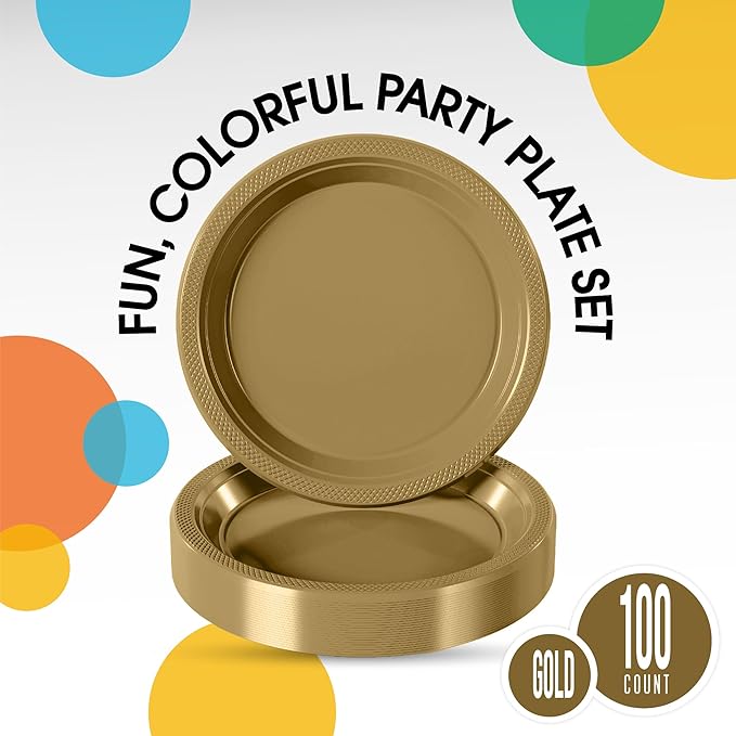 Party Solids Gold Plastic Plates For Party Supplies, Gold Disposable Plates 100 Pieces - 50-7" & 50-9" Heavy Duty 350 GSM Disposable Dinnerware Sets, Plastic Dinnerware Sets