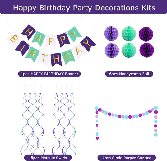 Mermaid Birthday Decorations with Happy Birthday Banner, Paper Honeycomb Balls, Circle Garland and Hanging Swirl Decorations