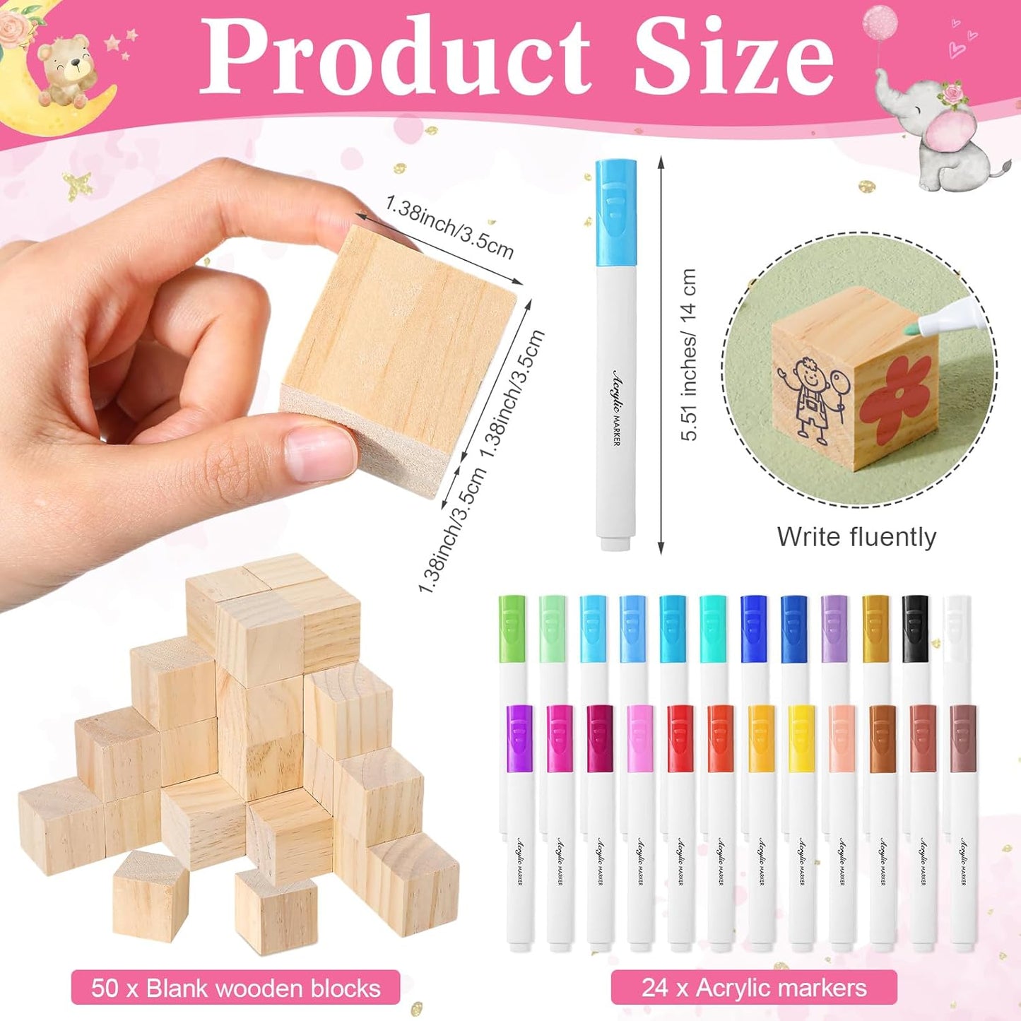 Tatuo 75 Pcs Baby Shower Games Sign Kit Including Decorate a Block Game Sign 50 DIY Wooden Block 24 Acrylic Paint Marker Baby Shower Prize for Gender Reveal Party(Elephant)