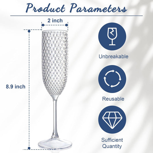 Plastic Champagne Flutes Champagne Glasses Unbreakable Wedding Toasting Glasses Reusable Diamond Wine Glasses Crystal Clear Party Wine Cups Vintage Drinking Glasses 5.5 OZ for Wedding (24, Crystal)