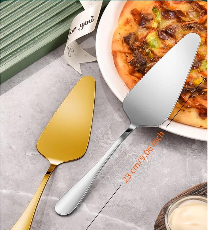 Cake Pie Server Spatula, 2-Pack Stainless Steel Pizza Pastry Cake Slicer Server Set, Cake Cutter with Serrated Edges for Kitchen, Restaurants, Wedding, Birthdays and Parties(Silver & Gold)