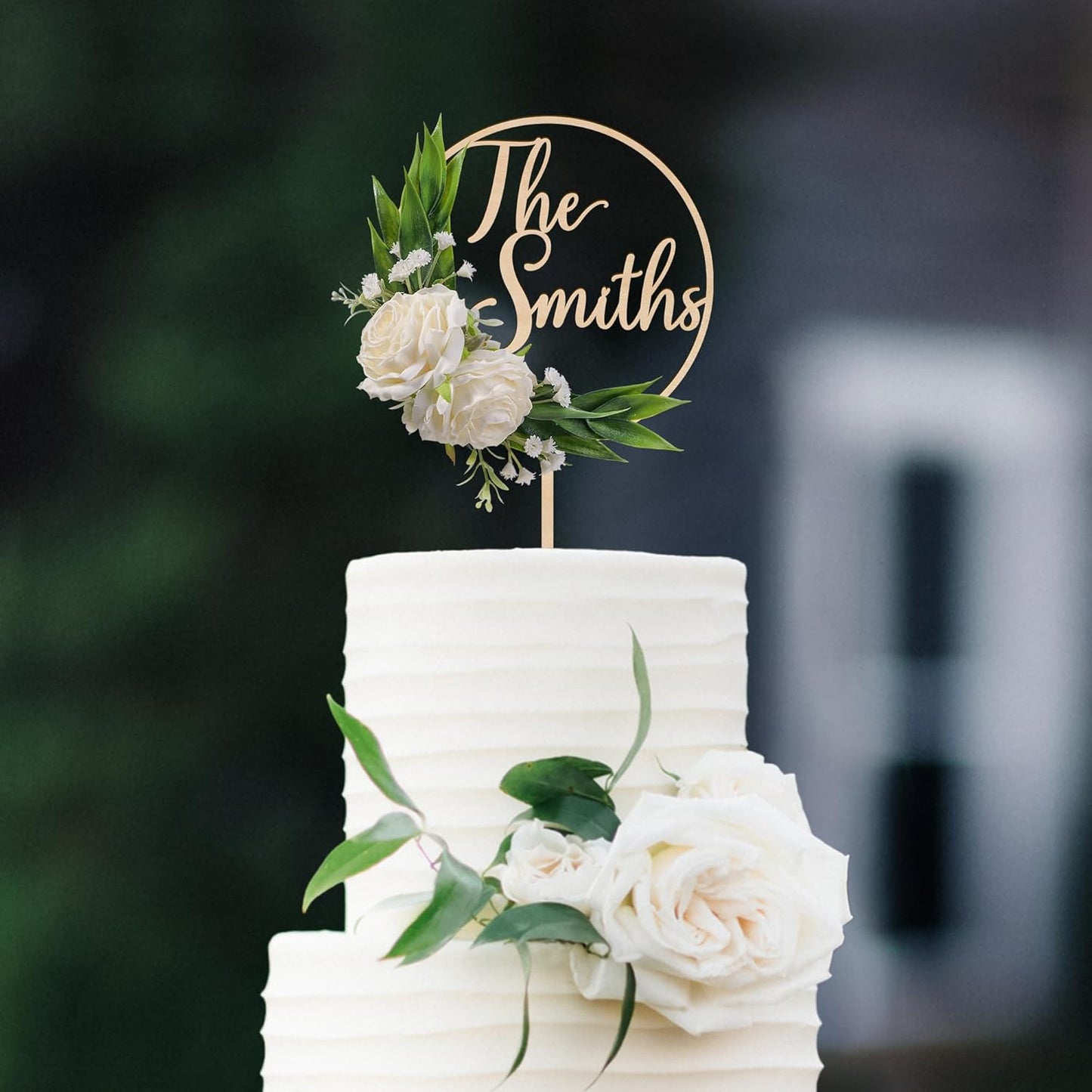3D Flowers Wedding Cake Topper Custom Last Name Wedding Cake Decoration in Wood with 3D Artificial Roses