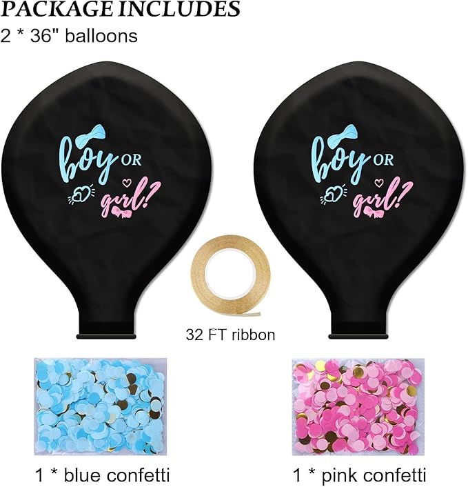 Disfore Thickened Gender Reveal Balloon - 2pcs Gender Reveal Confetti Balloons with Pink and Blue Confetti – 36 Inch Black Gender Reveal Balloons Perfect for Taking Photos and Videos