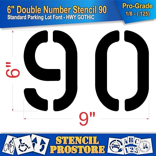 Pavement, Curb, and WheelStop Stencils - 6 inch Double Number Stencil - (90) - 6" x 9" x 1/8" (128 mil) - Pro-Grade