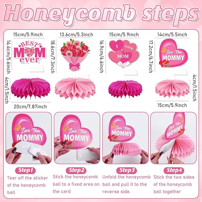 Mothers Day Decorations,63PCS Happy Mothers Day Balloons and Flower Heart Balloons,Fringe Curtains,Best Mom Ever Honeycomb Centerpieces for Girls Women Mom Party Supplies Celebrating Ladies Decor