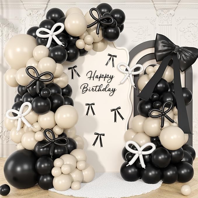 Black White Balloon Arch Kit,Sand White Black Bow Balloon Garland with Black and White Long Balloons for Birthday Baby Shower Anniversary Wedding Party Decorations