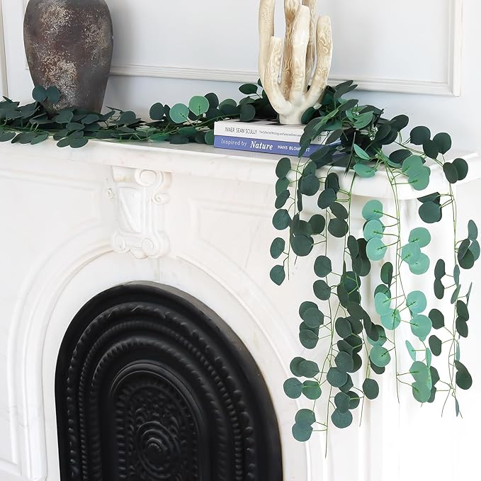 Artificial Vines Garland for Table Room Decor Faux Greenery Leaves Spring Fake Silver Dollar Runner for Wedding Christmas Home Bedroom Party Fireplace Mantle Wall (9, Eucalyptus)