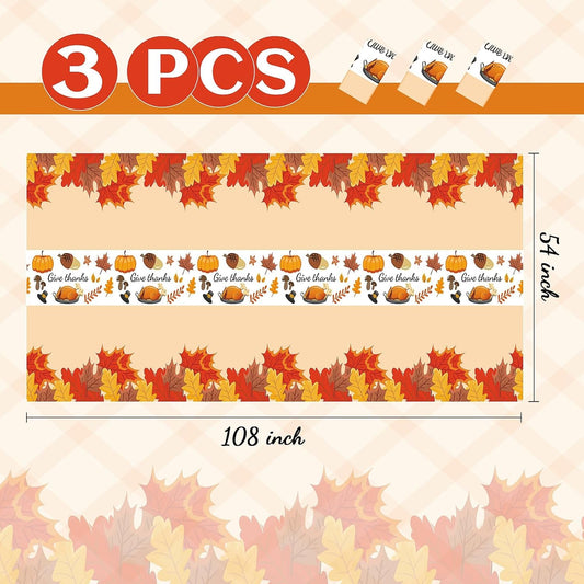 Childom Thanksgiving Tablecloth, 3 Pack Disposable Plastic Tablecloth 54" x 108" Thanksgiving Decorations, Autumn Maple Leaf Party Table Cover, Fall Harvest Party Decor for Outside,Picnic,Home,Dinner