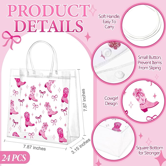 Kacctyen 24 Pcs Cowgirl Gift Bags for Party Favor Clear Cowgirl Goodie Bags with Handle 7.87 x 7.87 x 3.15 Return Gift Wrap Totes for Guests Treat Candy Wrapping