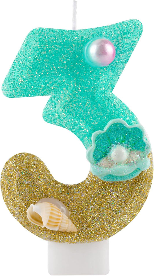 2.76 Inch Birthday Candles Number 3 Candle,Handmade Shell Candle Cake Topper,Mermaid Beach Theme Finding Nemo Birthday Party Favors Decorations