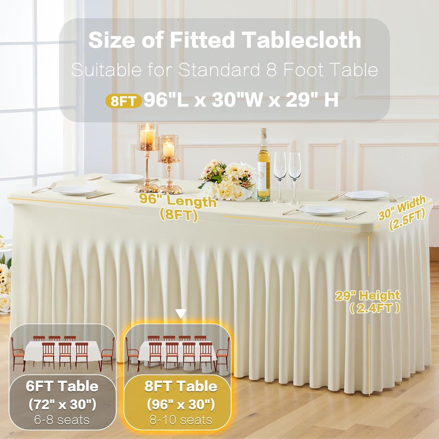 2 Pack Spandex Beige Fitted Table Cloth for 8ft Rectangle Tables Beige Stretch Tablecloth Table Covers Skirt Banquet Wrinkle Free Tablecloths for Parties Wedding