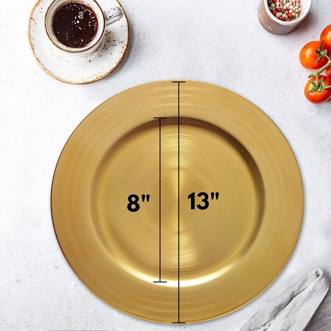 13inch Round Plastic Charger Plates Set of 8,Gold Charger for Dinner Plates,Decorative plates for Wedding,Party,Event Tabletop. (Metallic foil Gold)