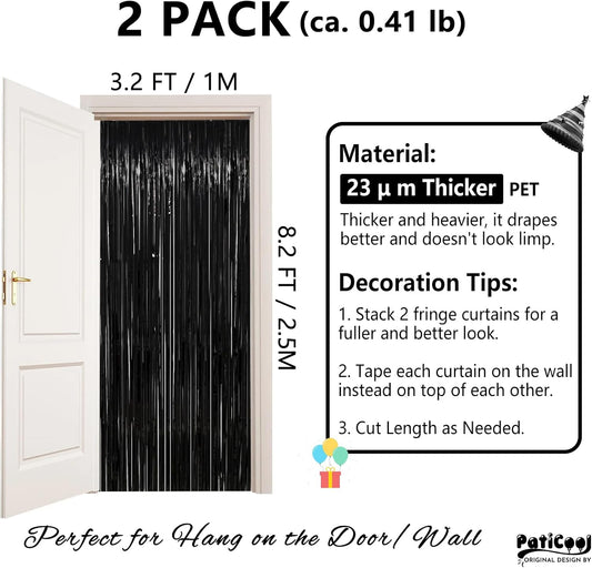 Black Streamers Party Decorations - Thicken 2 Pack 3.2 x 8.2 FT - Black Tinsel Foil Fringe Backdrop Curtains, Photo Booth Props for Birthday, Halloween, Retirement, Bachelor Party Decorations