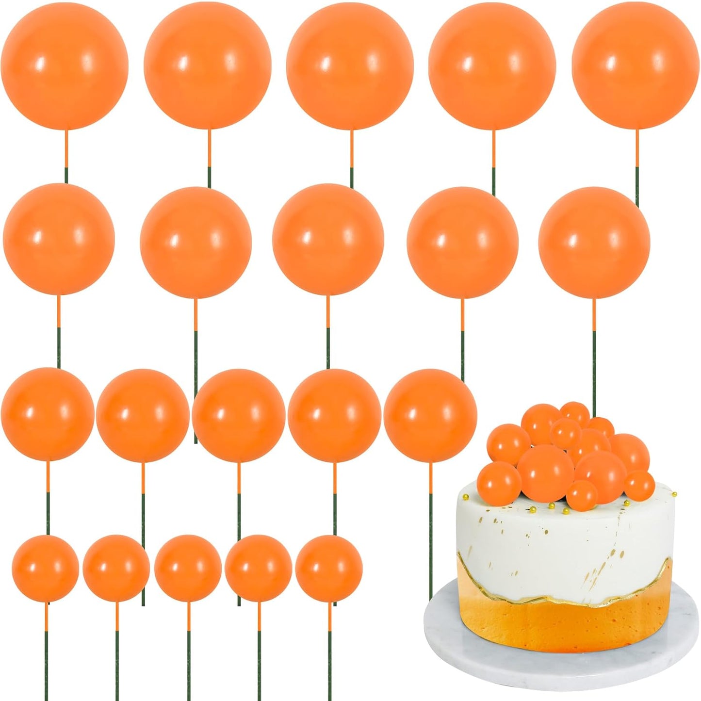 BEISHIDA 20 PCS Orange Mini Ball Cake Toppers Foam Cake Balls Decoration Supplies for Happy Birthday Anniversary Wedding Baby Shower Fall Thanksgiving Cake Decorations