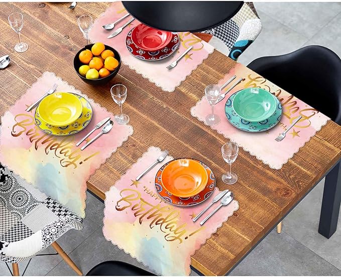 Happy Birthday Table Napkins Cloth Set of 4 Soft Watercolor Stars Dreamy Hand Written Letters Washable and Reusable Dinner Napkins for KitchenWeddings Parties 18 x 18 inch