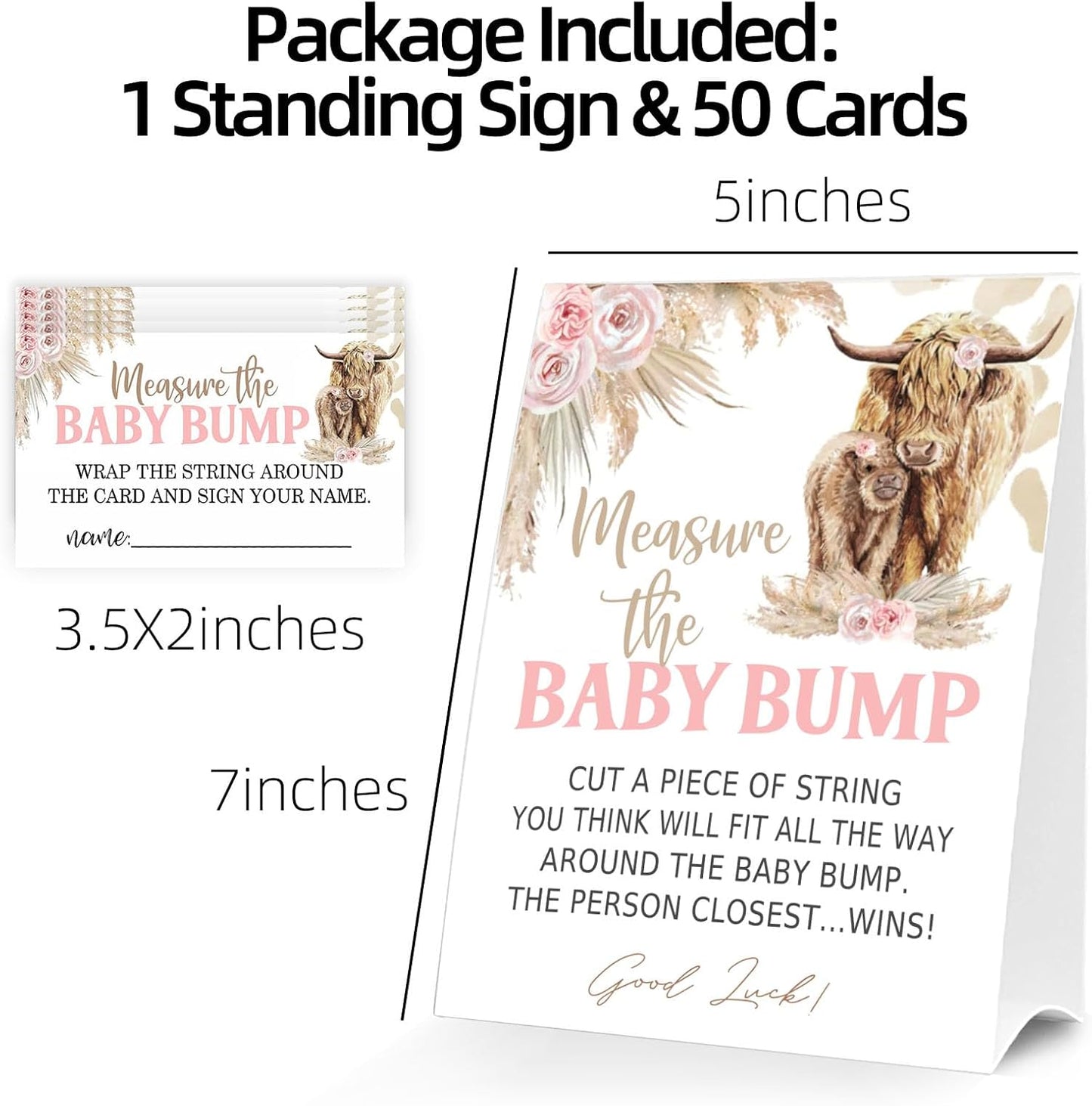 Baby Shower Games Measure the Baby Bump Sign, How Big is Mommy's Belly Party Favors Supplies, 5x7 Inch Kraft Standing Sign and 50 Guessing Cards, Holy Cow, Boho Pink Highland Cow