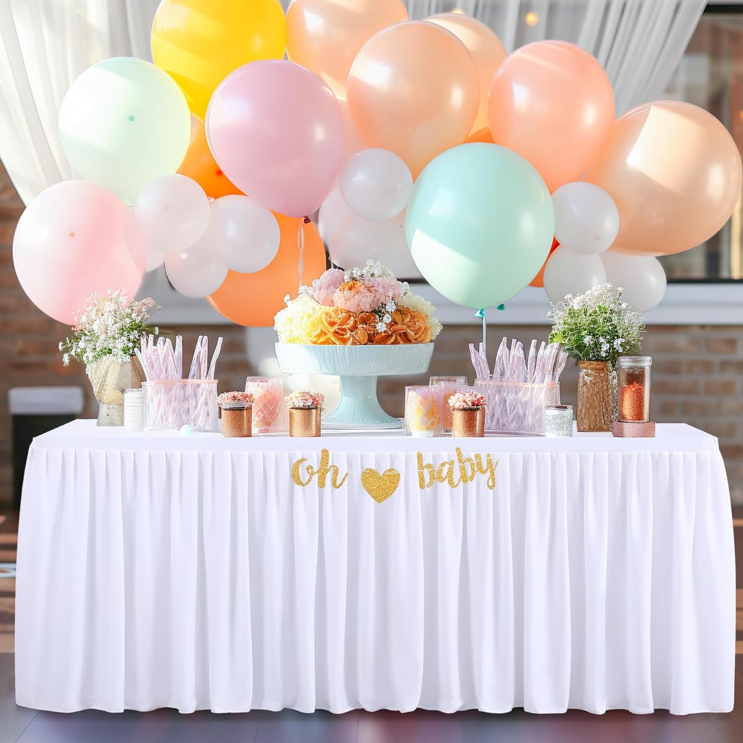 White Polyester Table Clothes for 8 Foot Rectangle Tables, Wrinkle Free Fitted Table Cover 8ft Stretch Tablecloths with Skirt for Parties Weddings Birthday Banquet Baby Shower
