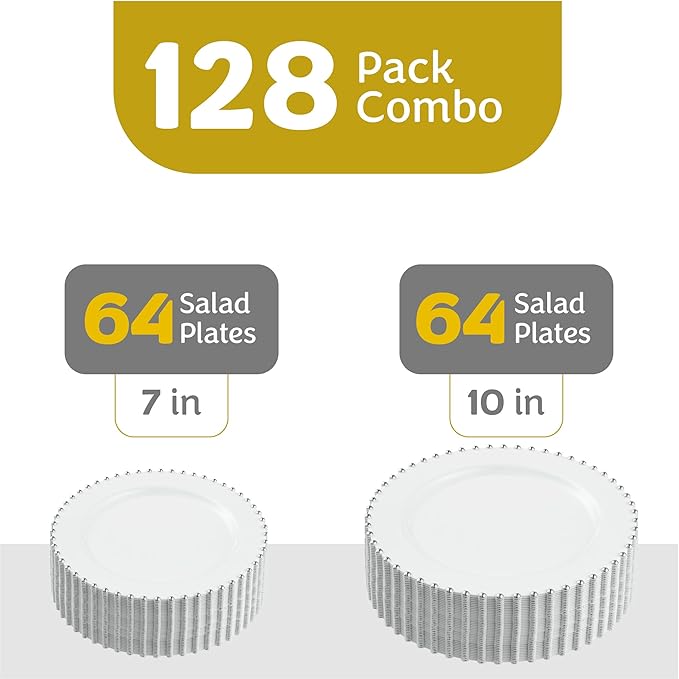 PLASTICPRO 128 Piece Combo Plastic Dinner Plates Disposable Plastic Fancy Heavy Duty Party Dishes 7 inch and 10 inch, White and Silver Beaded