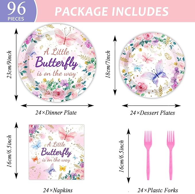 96Pcs Butterfly Baby Shower Party Supplies A Little Butterfly is On The Way Paper Plates Napkins Baby Girl Party Decorations Pink Floral Princess Girl Dinnerware Favor Tableware Serves 24