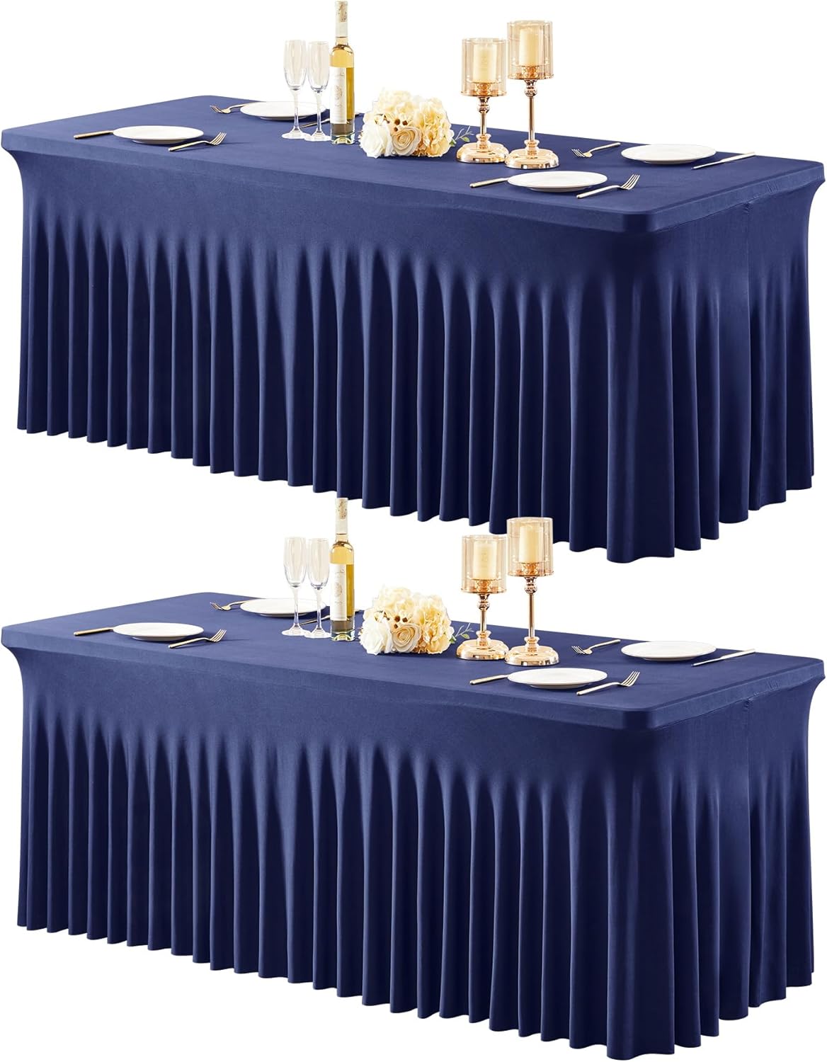 2-Pack Navy Blue Spandex TableCloths for 6' Rectangle Tables, Wrinkle-Free Fitted Stretch TableSkirts for Event, Wedding, Banquet & Parties
