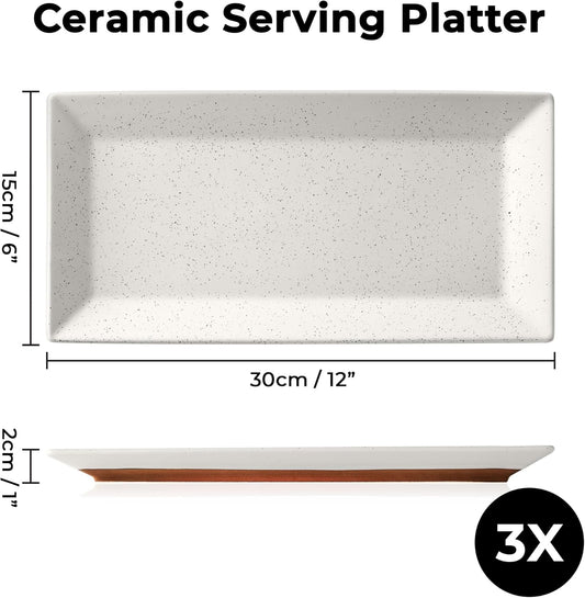 MIAMIO - Ceramic Serving Platter Set of 3 Large Serving Tray/Rectangle Serving Platters for Thanksgiving, Turkey, and Christmas - Microwave, Dishwasher, and Oven Safe Platter (30 x 15 cm)