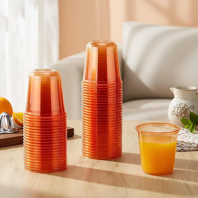 Disposable Stemless Glasses 12oz Crystal Plastic Wine Glasses Clear Classic Pet Cup for Meeting Weddings Birthdays Cocktail Christmas Party Supplies(Orange,100 Pcs)