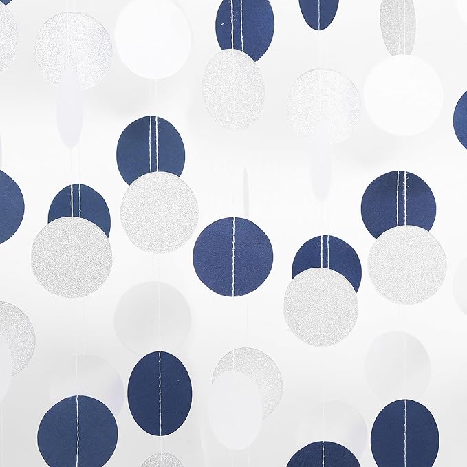 Silver Navy-Blue White Birthday-Party-Decorations - 52Ft Paper Garland Circle Dots Streamer Graduation Banner Christmas Decoration Baby Shower Bridal Engagement Bachelorette Hanging Decor HongTongTong