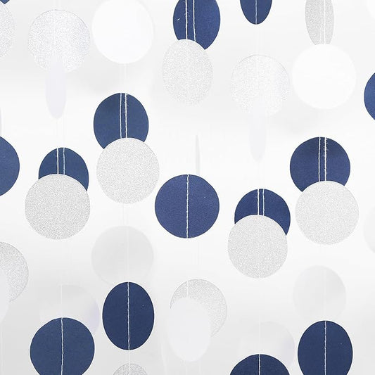 Silver Navy-Blue White Birthday-Party-Decorations - 52Ft Paper Garland Circle Dots Streamer Graduation Banner Christmas Decoration Baby Shower Bridal Engagement Bachelorette Hanging Decor HongTongTong