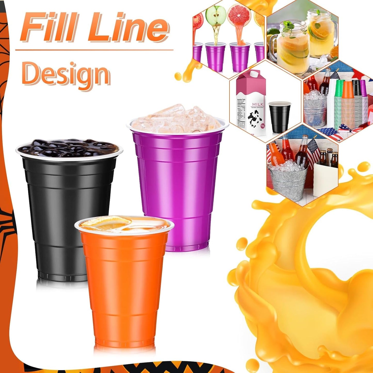 Lounsweer 100 Pack 16 Ounce Christmas Plastic Party Cups Disposable Heavy Duty Drinking Water Cups for Holiday Christmas Festival Wedding New Year Birthday Party Supplies(Halloween Color)