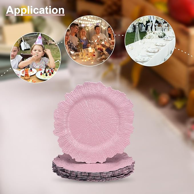 uxcell 10pcs Reef Charger Plates Bulk, 13 Inch Plastic Floral Charger Plates, Round Plate Chargers for Dinner Wedding Party Event Table Setting Decoration Pink