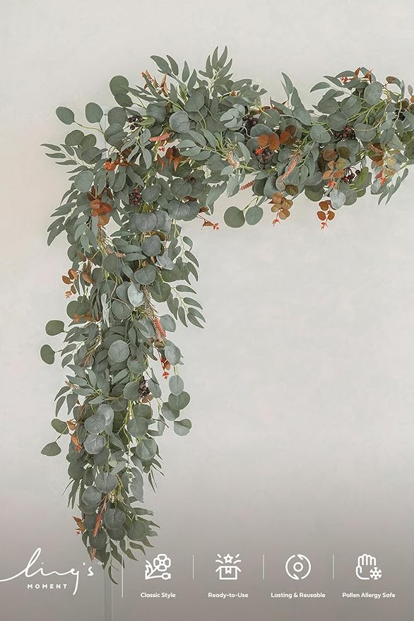 Ling's Moment Eucalyptus Flower Greenery Garland with Willow Leaves 2pcs, 5.9ft Hanging Italian Ruscus Vines Rustic Wreath Swags for Table Centerpieces Wedding Arch Decor, Terracotta Flowers