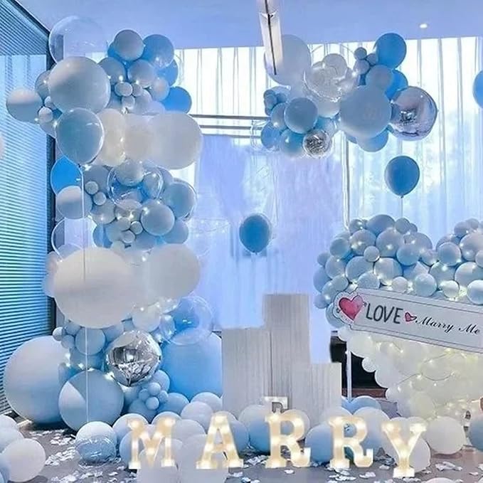 MEBAY Blue Balloons Garland Arch Kit, 147 Pcs Metallic Macaron Light Blue and Confetti Silver Balloons for Baby Shower Birthday Wedding Ocean Themed Party Background Decoration