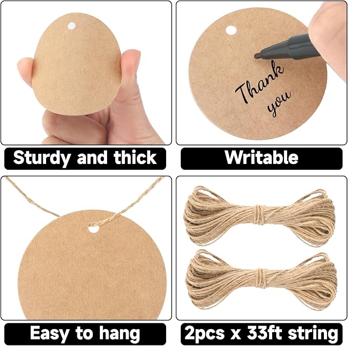 G2PLUS Round Gift Tags with String-2.5 Inches Blank Circle Kraft Paper Tags 100 PCS Large Round Craft Labeling Tag for Wedding, Birthday, Christmas Party Favors