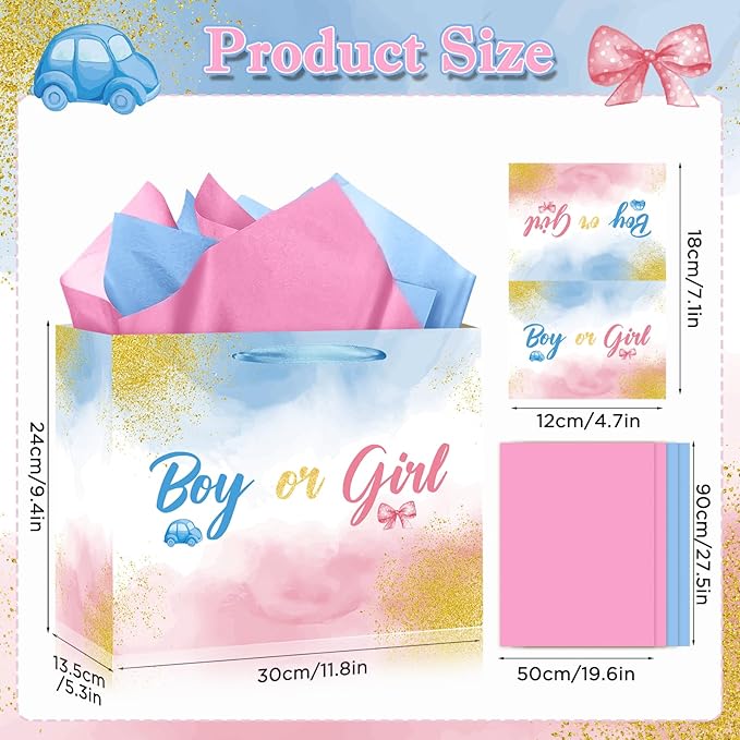 Gender Reveal Gift Bag Blue Pink Boy or Girl Paper Bag with Wrapping Paper Card What Will Baby Be Party Decoration Ink and Wash Treat Candy Bag for Baby Shower Gender Reveal Birthday Party Supplies