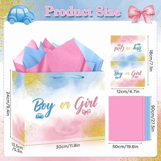 Gender Reveal Gift Bag | Blue & Pink Boy or Girl Paper Bag with Tissue Paper, Greeting Card for Baby Shower & Gender Reveal Party