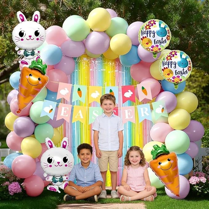 Easter Balloons Arch Kit Double Stuffed Pastel Balloons with Bunny, Carrot & Egg Foil Balloon Easter Banner and Colorful Fringe Curtain for Easter Birthday Baby Shower Spring Party Decoration