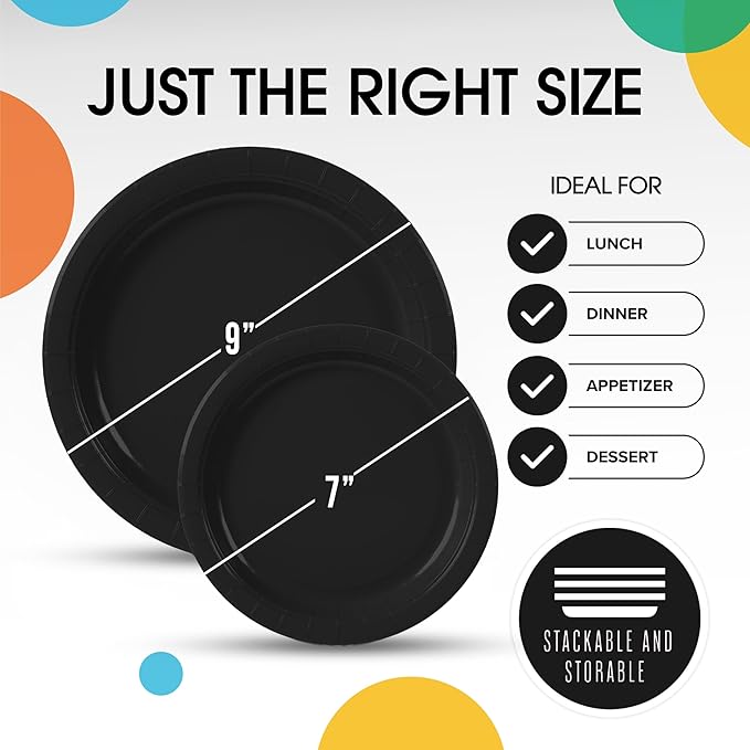Exquisite Black Paper Plates Disposable Heavy Duty 100 Pcs - 50-7" & 50-9" Black Disposable Plates For Party Heavy Duty Paper Plate 350 GSM Birthday Party Supplies Plate Set