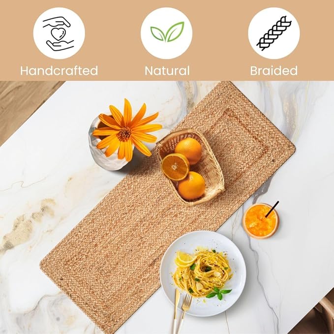 Natural Jute Braided Table Runner 36 inches Long - 13x36 Farmhouse Jute Burlap Braided Table Runners - 100% Jute Handcrafted Rustic Vintage Dining Table Runner Natural