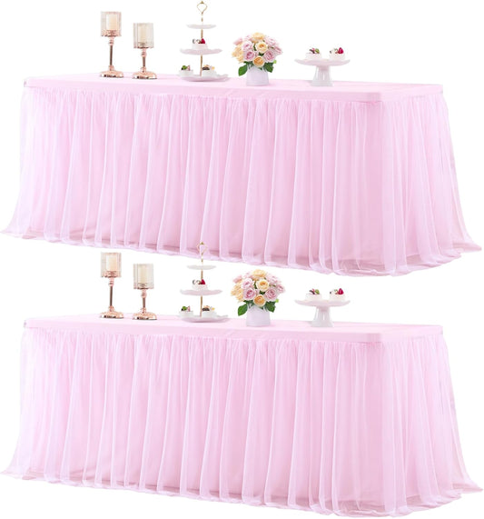 2 Pack 8ft Pink Tablecloths for Rectangle Tables, 8 Foot Pink Rectangular Table Cloth, Wrinkle Free Table Cover with Tutu Skirt for Baby Shower Girls Birthday Party Banquet Buffet Cake Decorations