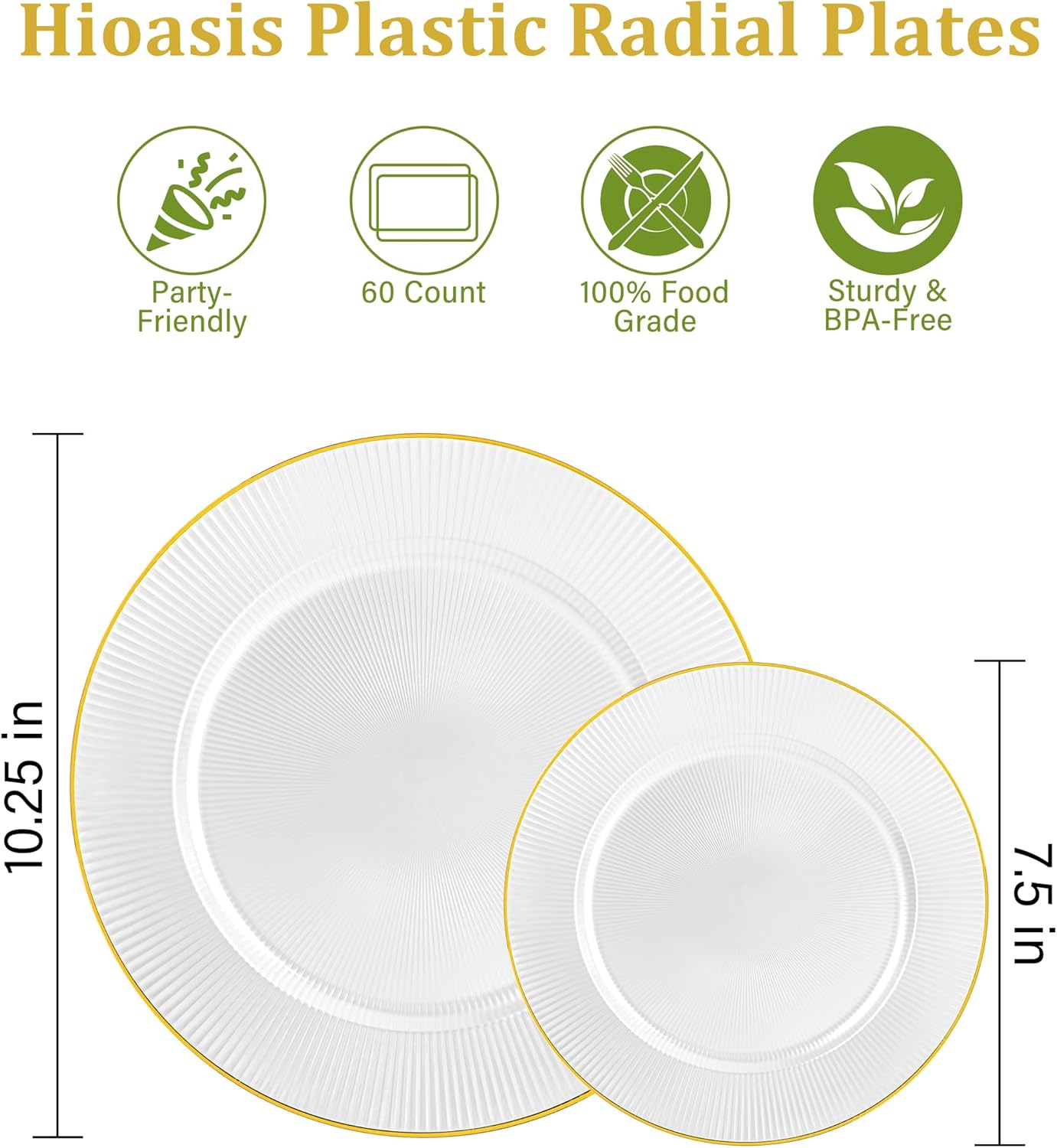 Hioasis 60pcs White and Gold Plastic Plates - White Disposable Dinnerware Set, 30pcs Dinner 10.25in & 30pcs Dessert 7.5in Plates with Striped Designs for Party & Thanksgiving