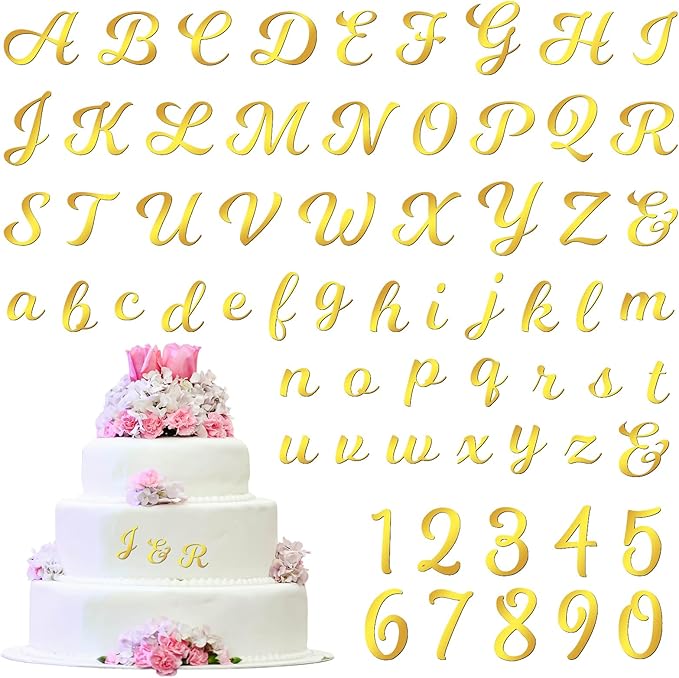 64 Pcs Gold Acrylic Cake Toppers Letters and Numbers, Mirror A-Z Alphabet & 0-9 Numbers for Personalized Cake Decorations, Birthday Wedding Baby Shower Party Picks