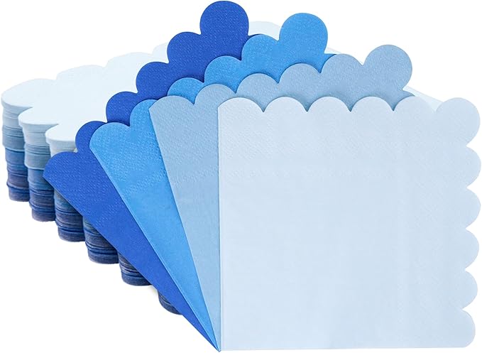 100 Pcs Blue Cocktail Napkins Folded 5 x 5 Scalloped Napkins Gradient Color Beverage Napkins Disposable Dessert Napkins for Birthday Party Supplies Wedding