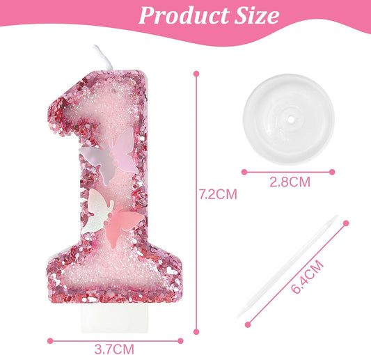 1th Birthday Candles，Glitter Butterfly Cake Toppers Pink Sequins Wedding Numeral Cupcake Decorations，Suitable for Girl and boy Wedding Cakes, Party Celebrations, Birthday Decorations