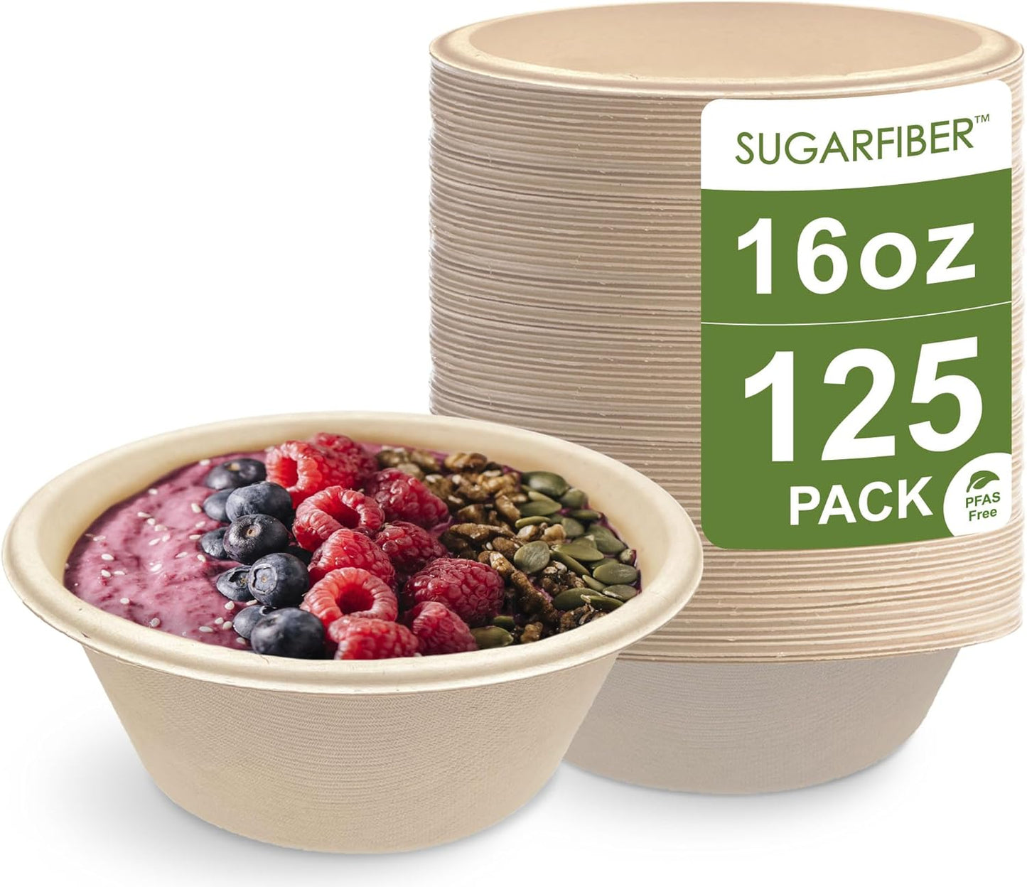 [125 Count]Harvest Pack Compostable Paper Bowls, 16oz PFAS FREE Round Biodegradable Bowl, Heavy-Duty Eco-Friendly Disposable, Sugarcane Bagasse Natural plant fibers Takeout, Alternative to Plastic