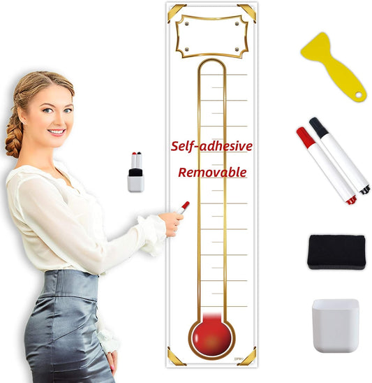 Fundraising Thermometer Chart Goal Tracker Decal - 48"x12" - Dry Erase Goal Setting Wall Poster Thermometer - Removable Giant Sales Goal Vinyal Sticker