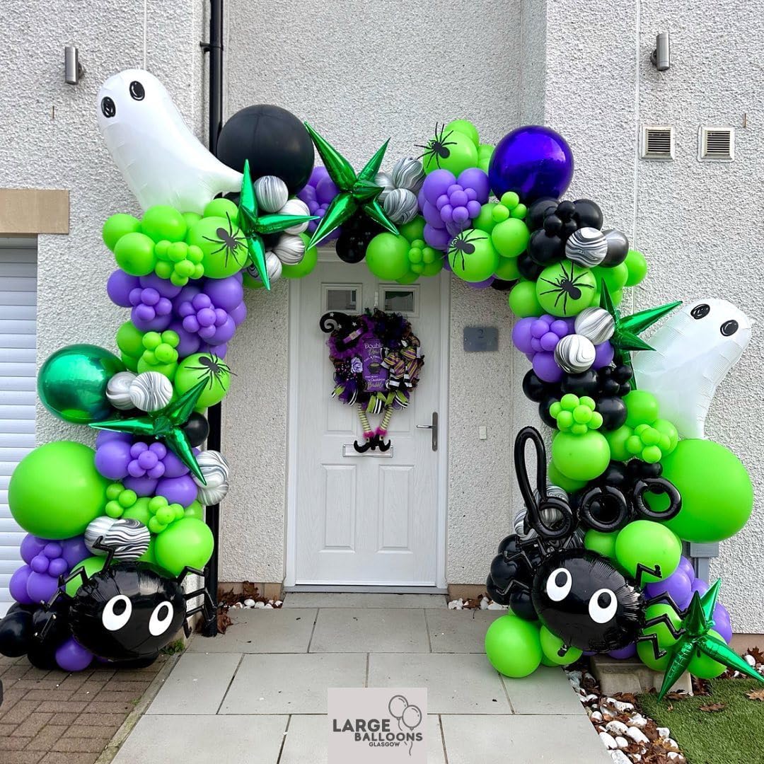 Halloween Balloon Garland Arch Kit, 131Pcs DIY Haloween Party Supplies Matte Black Metallic Purple Lime Green Balloon with Eye Balloons for Halloween Day Haunted House Theme Party Decorations