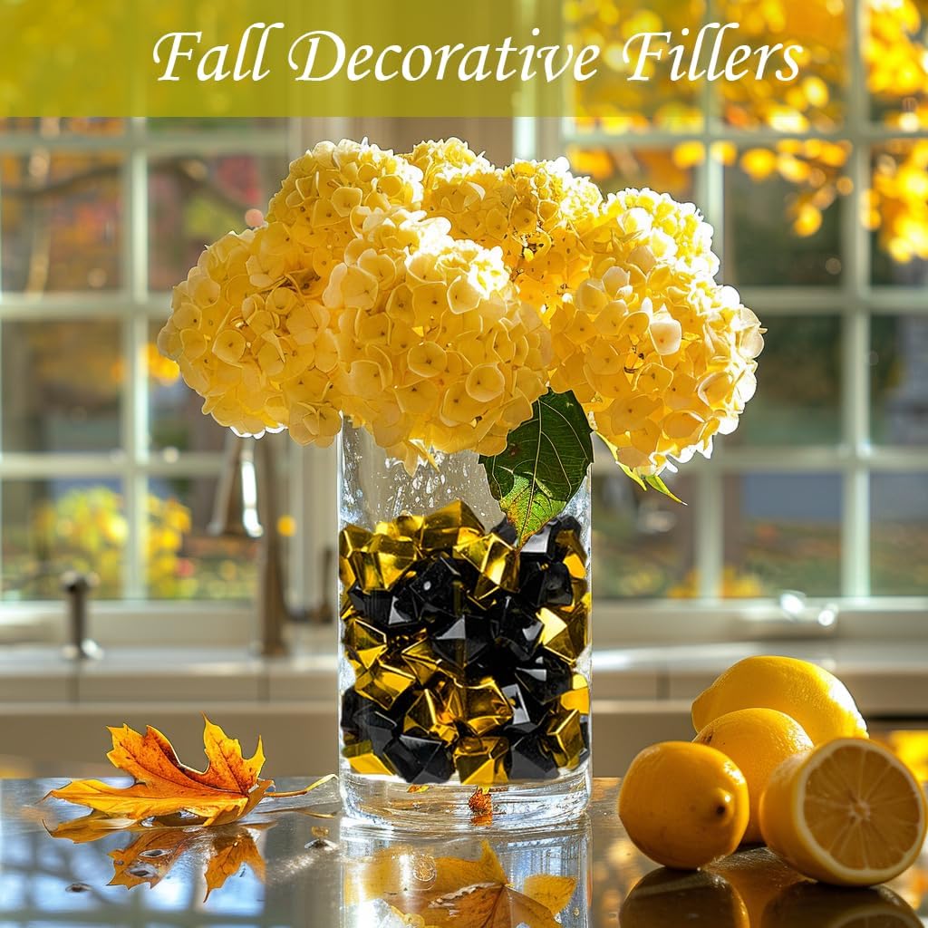 HappyFiller Party Decor Fall Christmas Decoration Fake Ice Rocks Acrylic Nuggets Gems Stones for Wedding Centerpieces Vase Fillers,Graduation Table Scatters,Home Accents,Gold Black,14 OZ