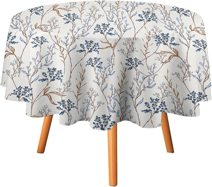 Abstract Geometry Leaf Tablecloth, Thanksgiving Autumn Harvest Fall Watercolor Blue Yellow Leaves Table Cover for Party Picnic Dinner Decor 50x50 Inch Round