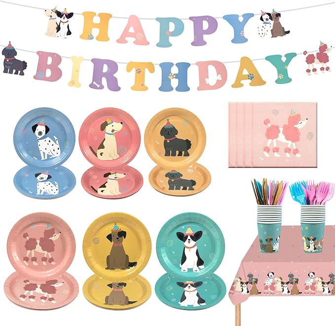 182Pcs Pet Dog Birthday Party Decorations,Retro Puppy Themed Paper Plates Napkins Disposable Pet Dog Tableware Supplies,for Baby Shower Kids Birthday Party Favor,Serve 30 Guests