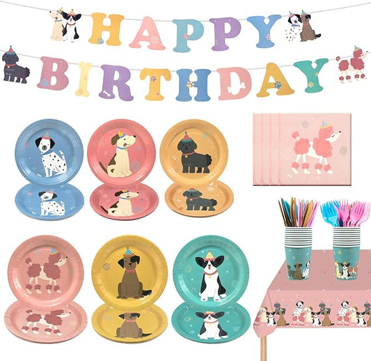 182Pcs Pet Dog Birthday Party Decorations,Retro Puppy Themed Paper Plates Napkins Disposable Pet Dog Tableware Supplies,for Baby Shower Kids Birthday Party Favor,Serve 30 Guests